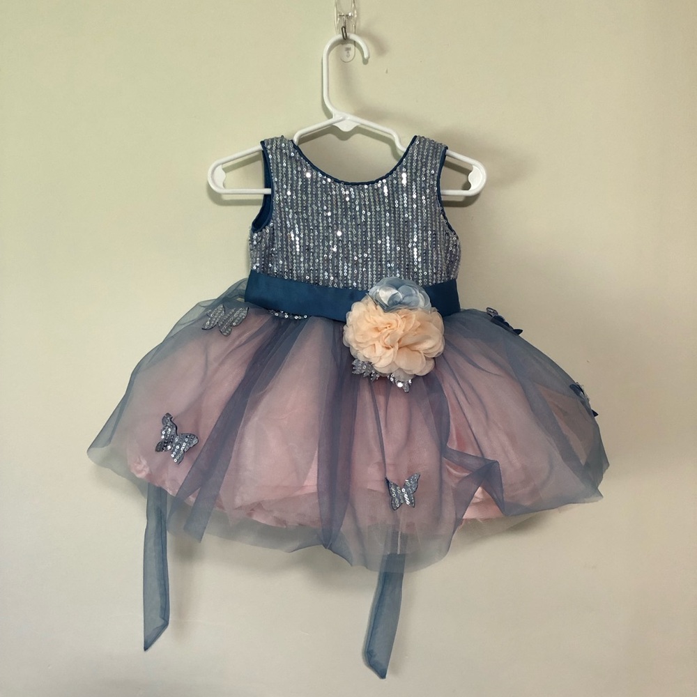 Baby girl fancy Easter dress sequins butterfly poofy blue pink